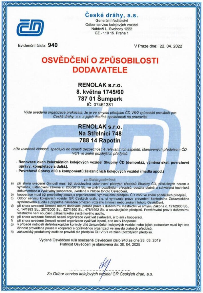 Osvědčení o způsobilosti dodavatele ČD